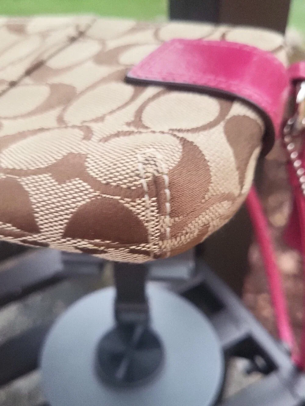 Coach Signature Canvas Wristlet in Brown with Pink Trim